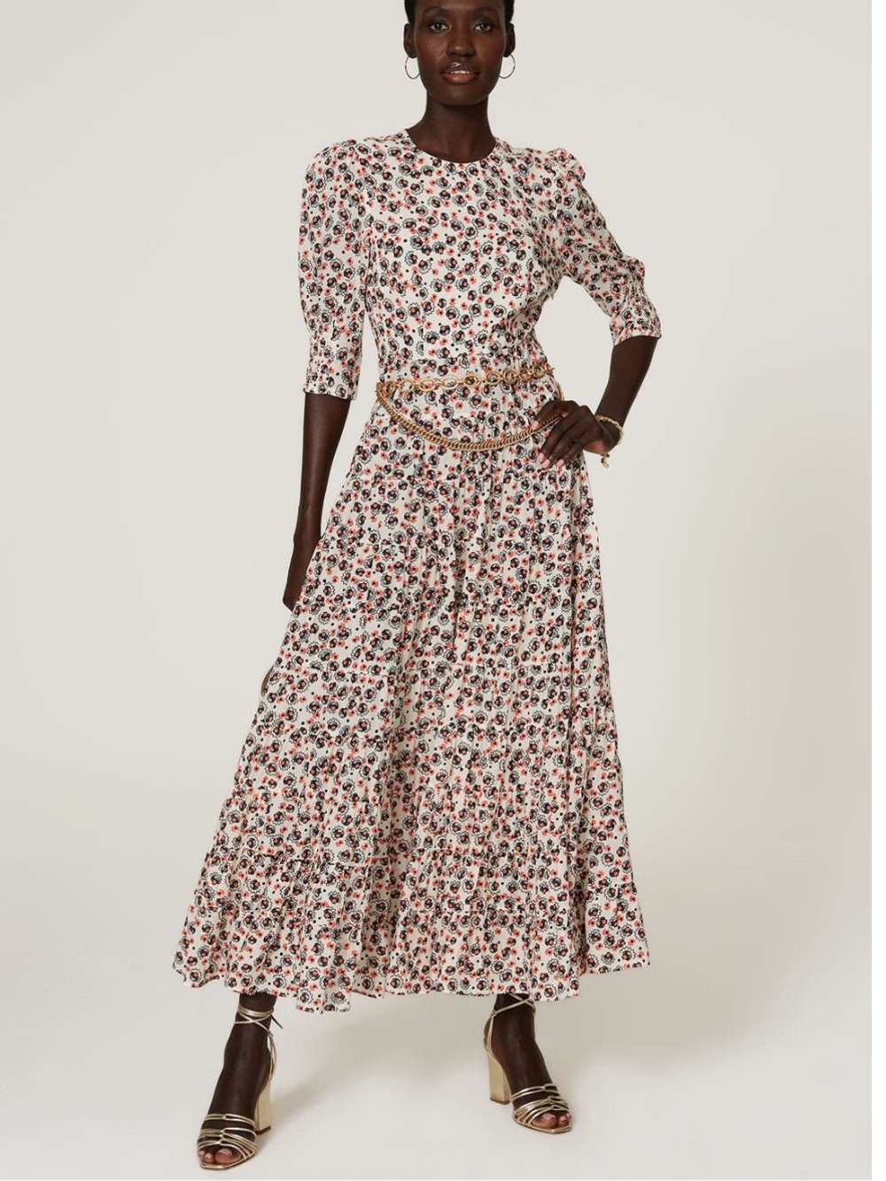 RIXO Cream Maxi Dress with Pink & Black Floral Print